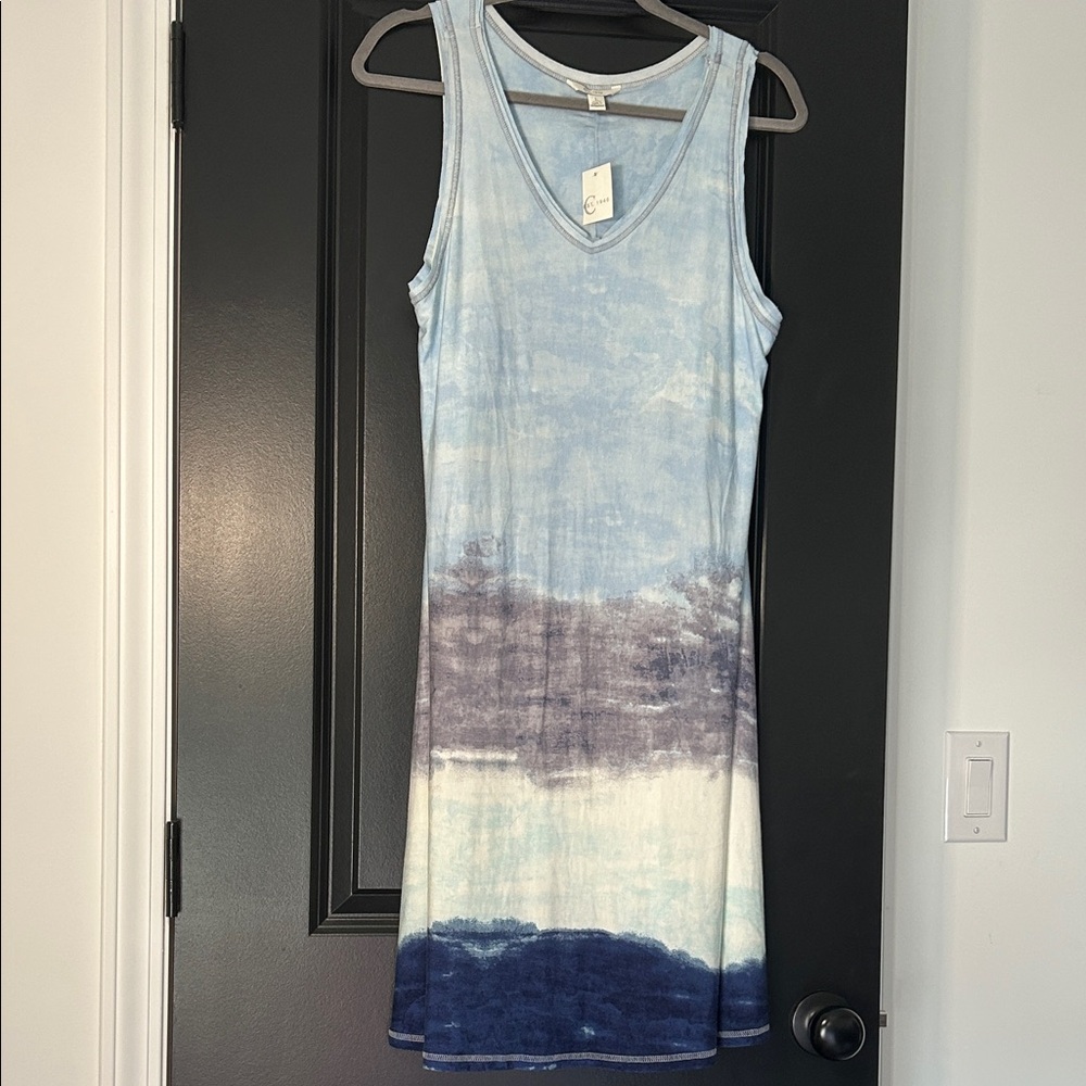 Elegant Sky Blue and Navy Tie-Dye Midi Dress